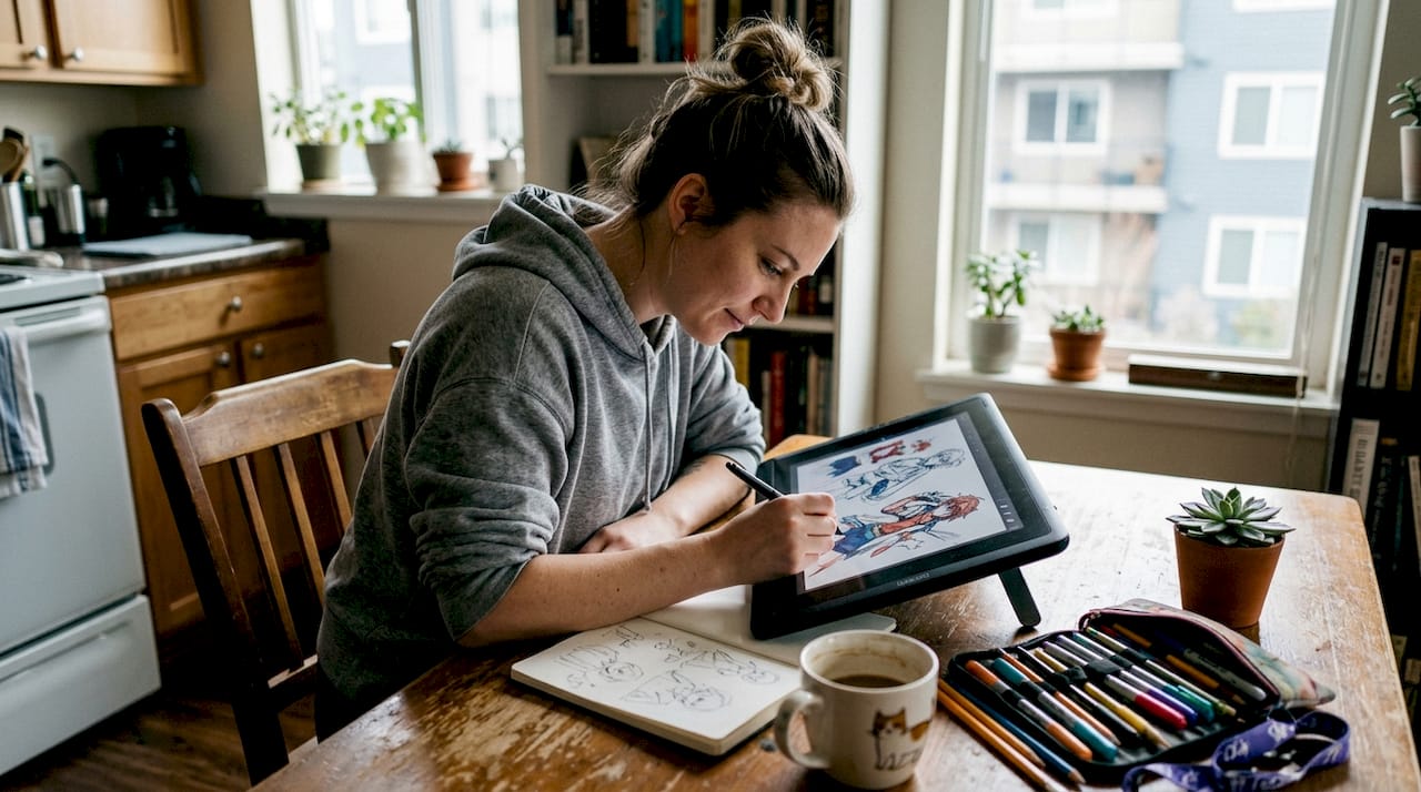 Artist sketching anime art on tablet