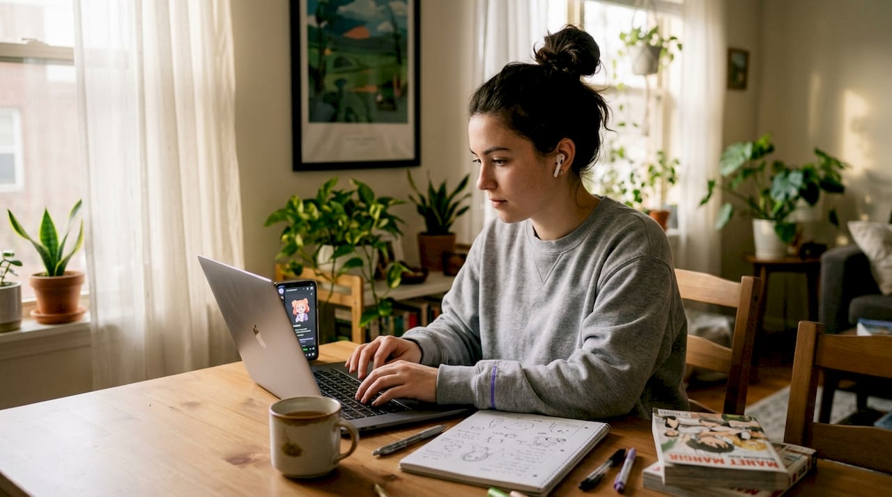User chatting with anime AI on laptop
