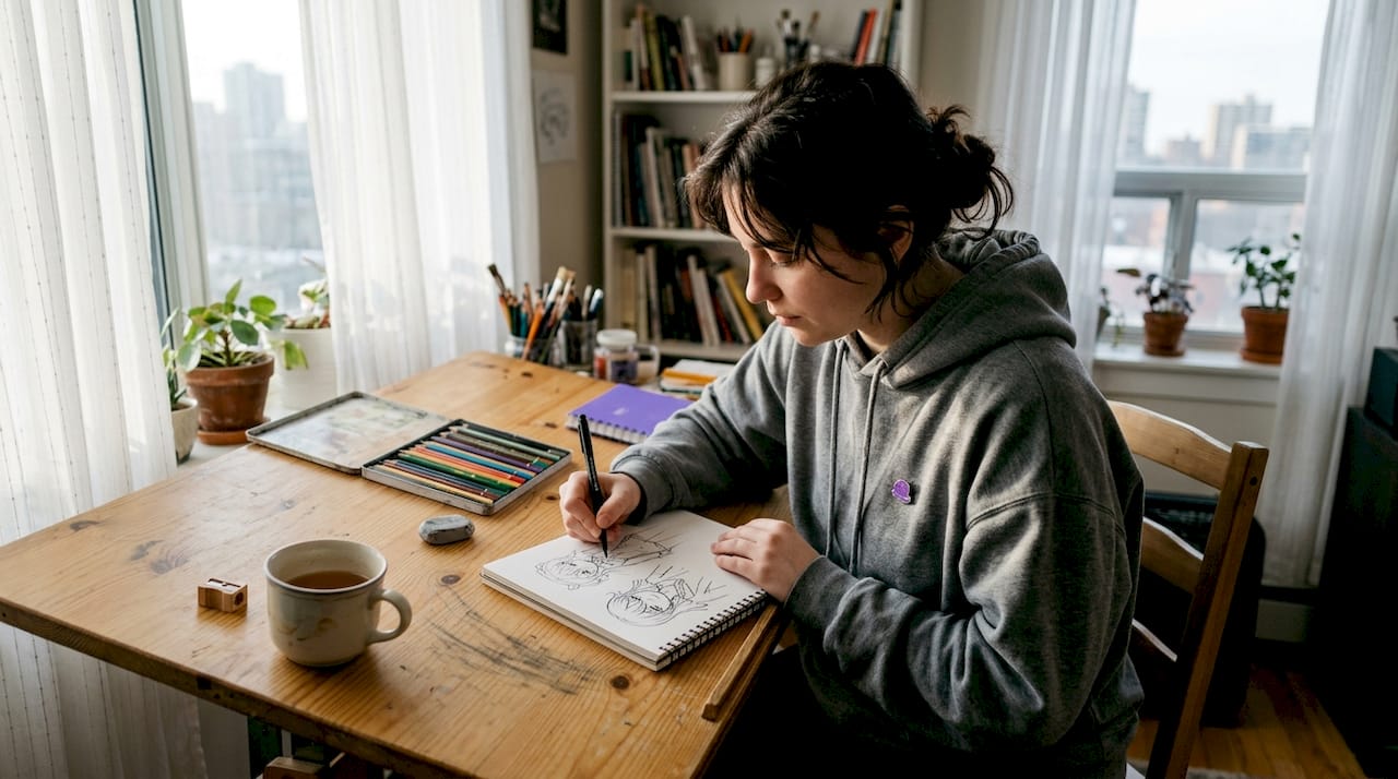 Artist sketching anime characters at drafting table