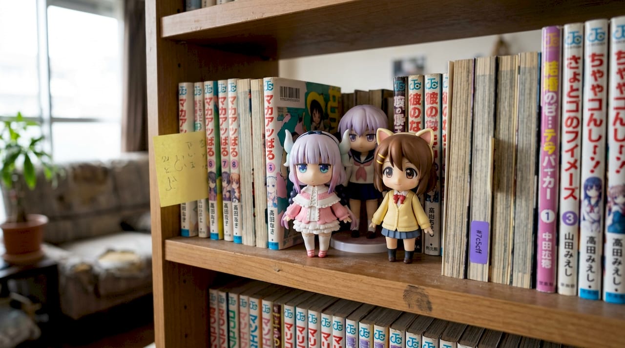 Kawaii anime figurines on bookshelf display