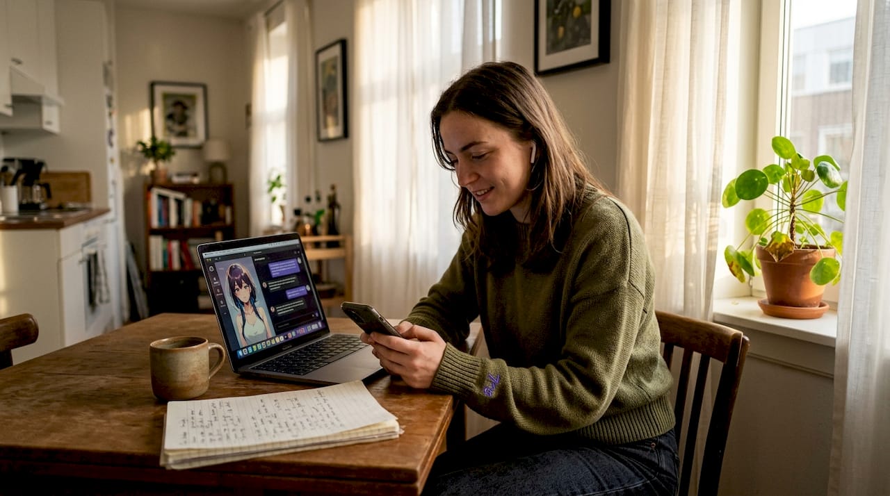 Person chatting with AI anime app at table