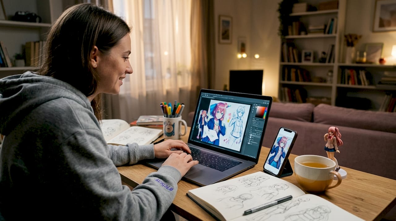Person customizing anime AI art at home