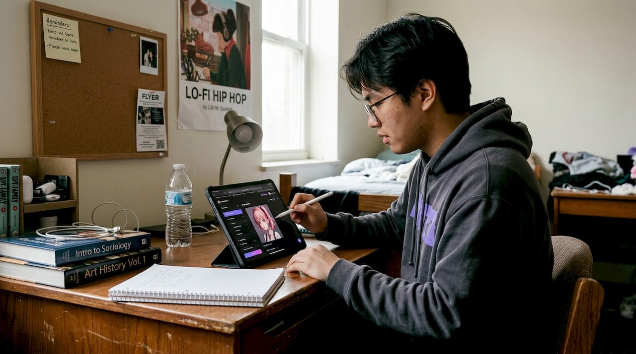 Student using AI art tool for anime