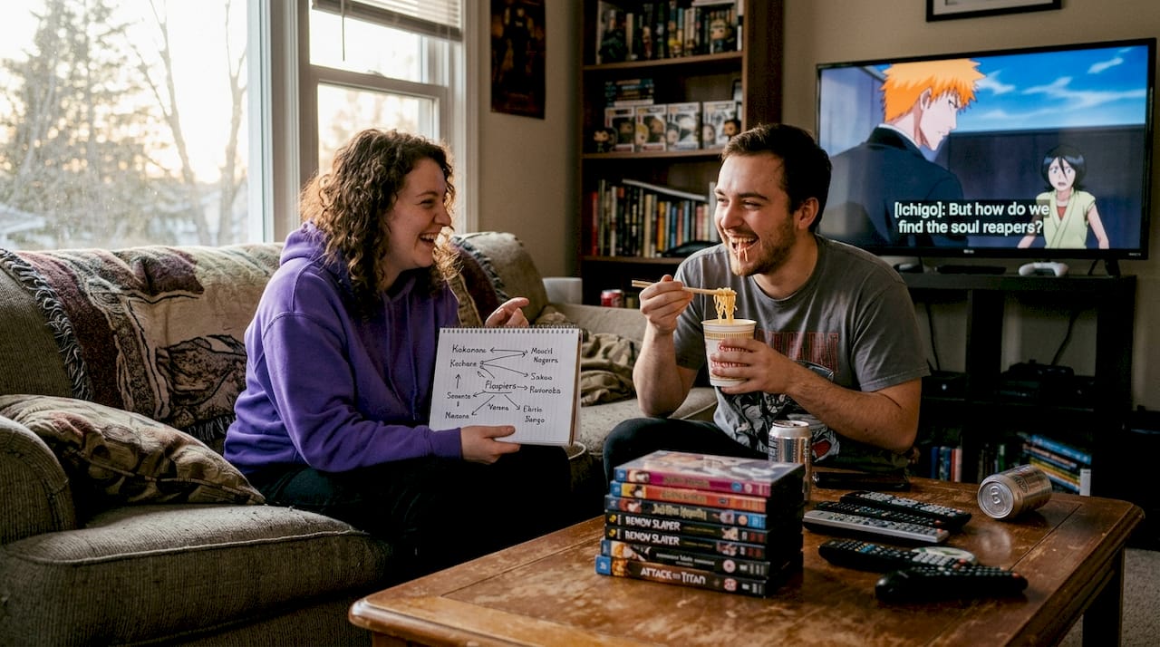 Friends discuss anime traits in living room