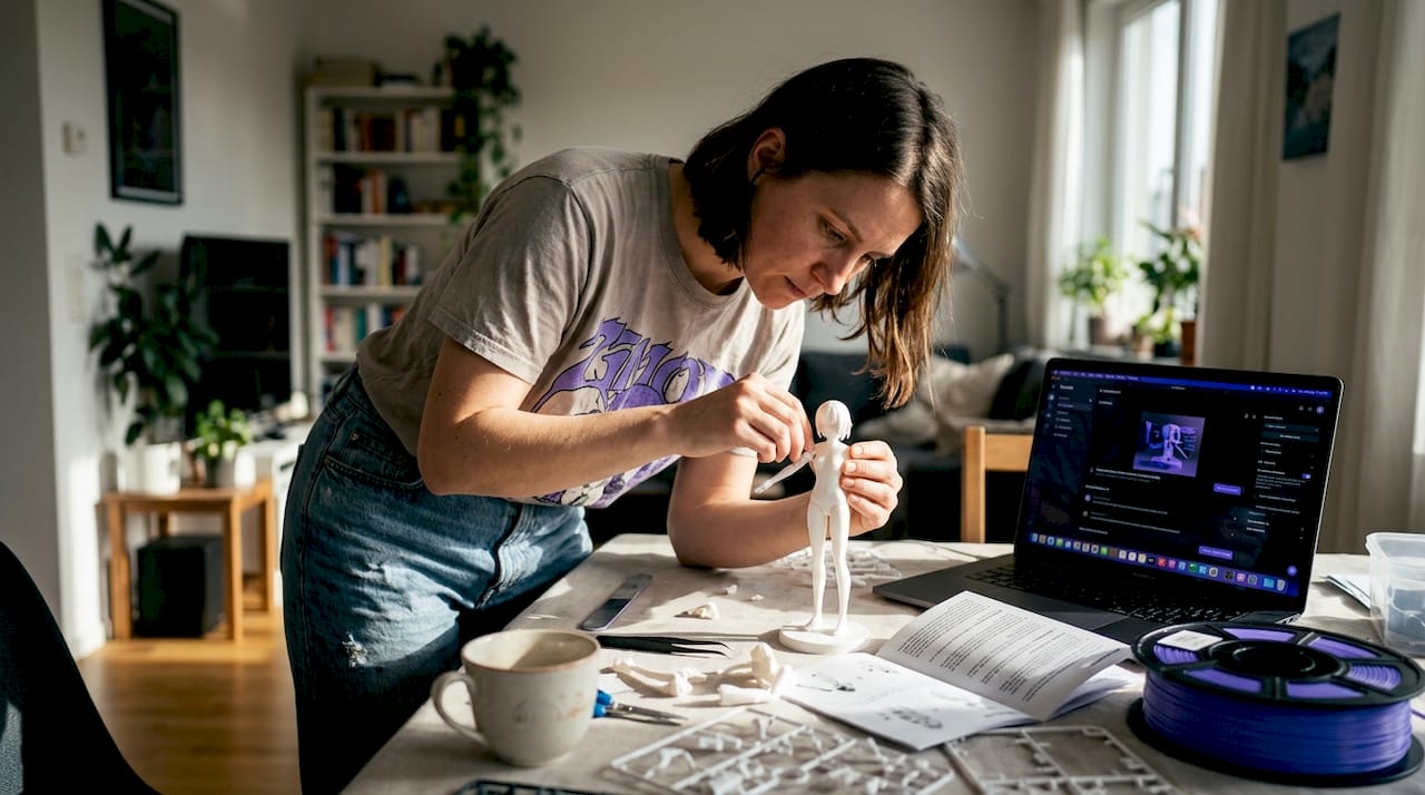 Building AI anime figure at dining table workspace