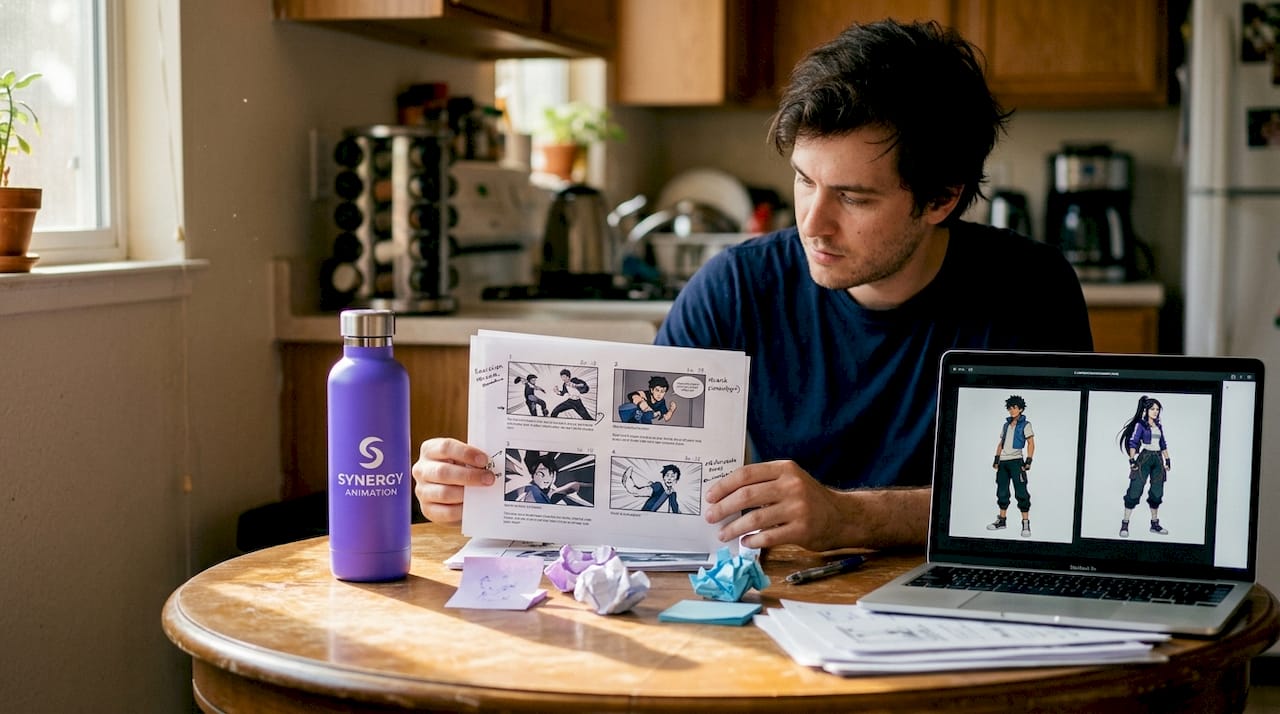 Man reviewing anime storyboard with AI images