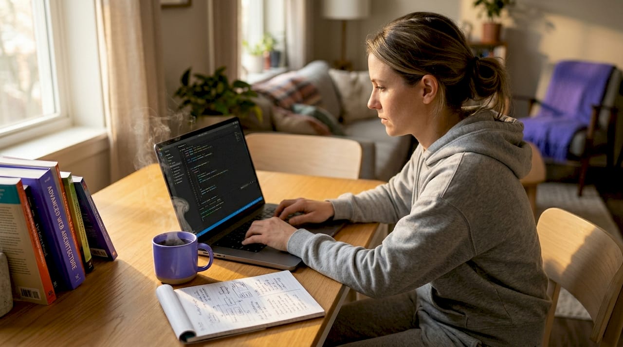 Developer working on AI code at kitchen table