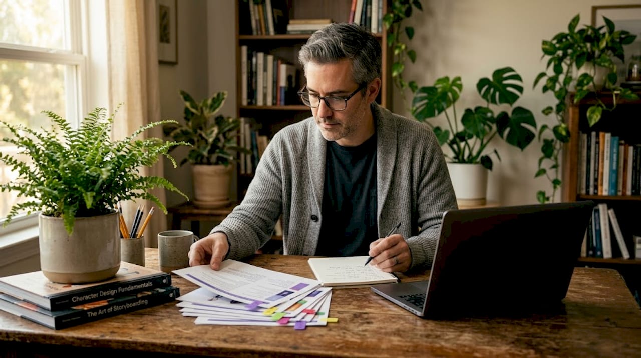 Man organizing AI character routine notes