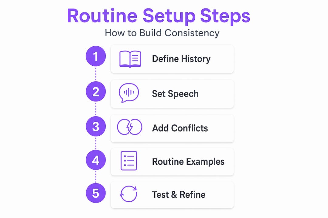 Infographic showing AI character routine steps