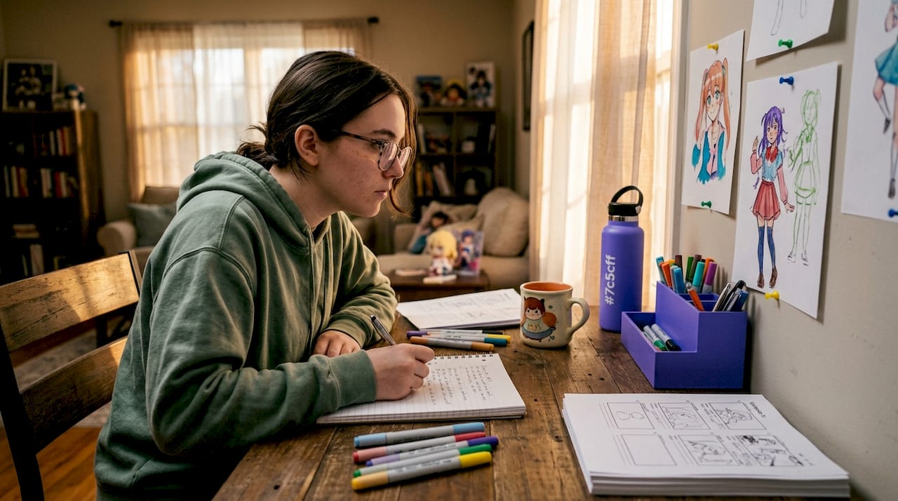 Anime writer brainstorming in home office