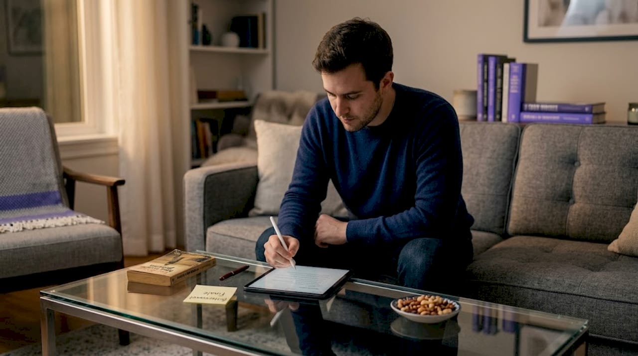 Writer plans story mood on sofa
