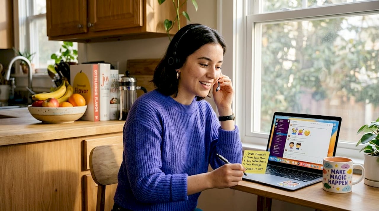 Woman using voice AI companion at home