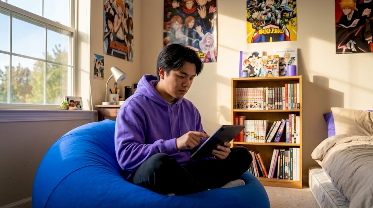Anime fan using tablet in living room