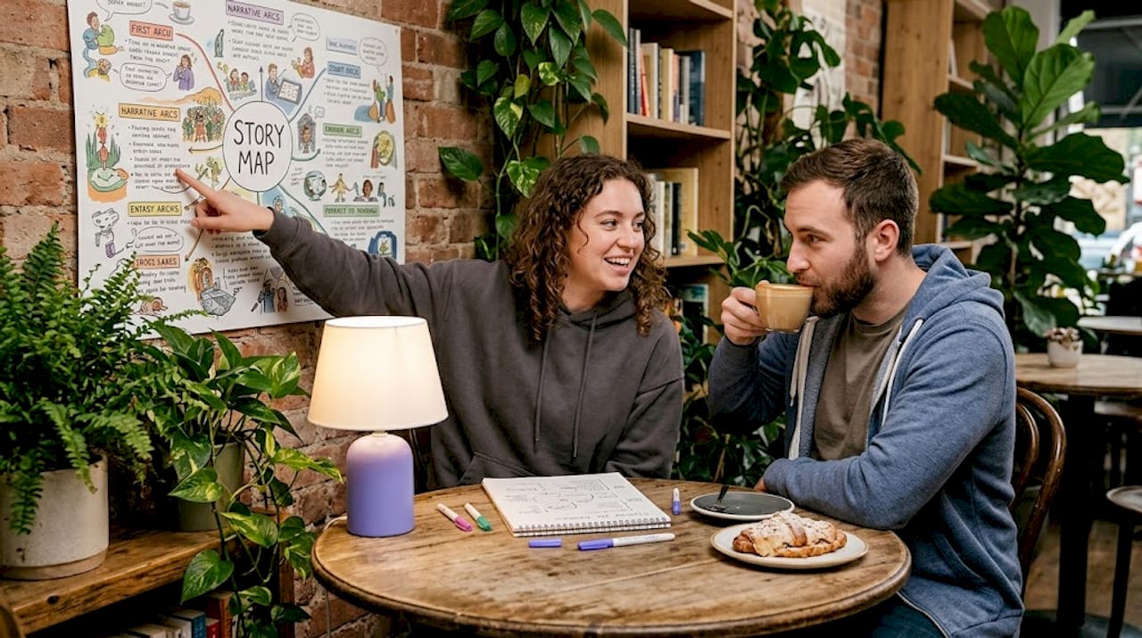 Friends discussing narrative choices at café