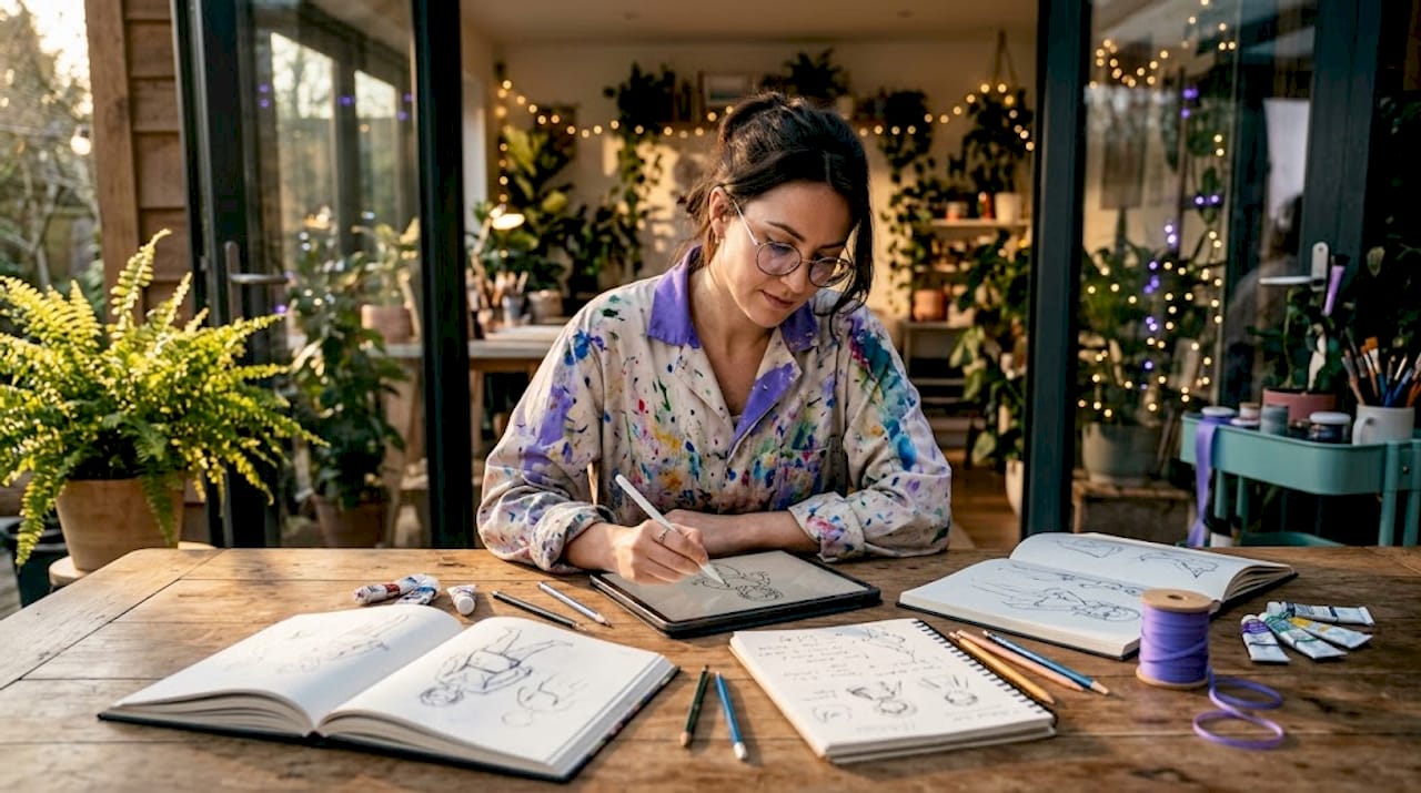 Artist sketching with digital tools at home studio