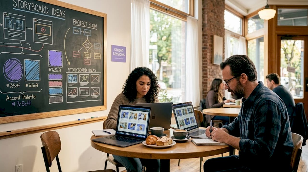 Collaborative team using AI in creative workspace