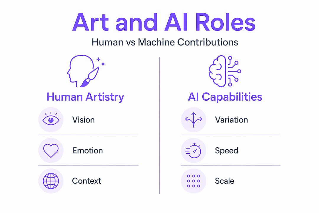 Infographic comparing human and AI contributions in art