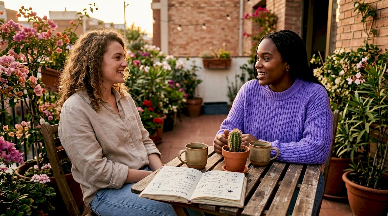 Friends discussing loyalty at kitchen table