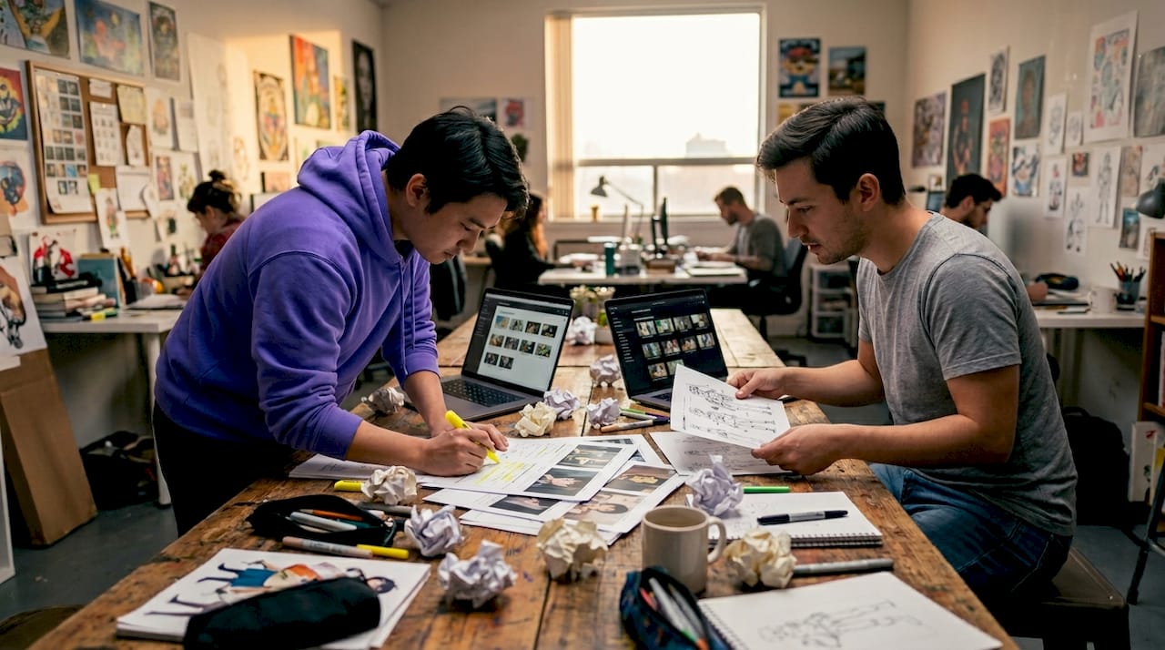Artists reviewing consistent anime scene layouts