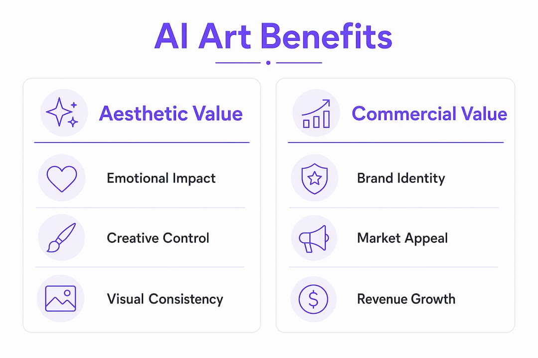 Infographic comparing aesthetic and commercial benefits of personalized AI art