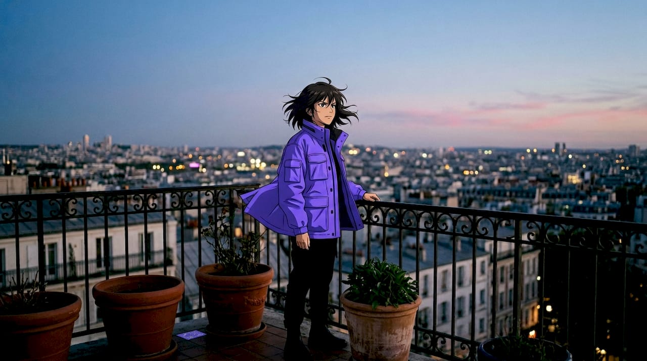 Low angle anime character rooftop sunset