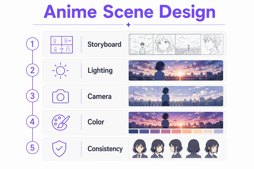 Infographic showing key anime scene design steps