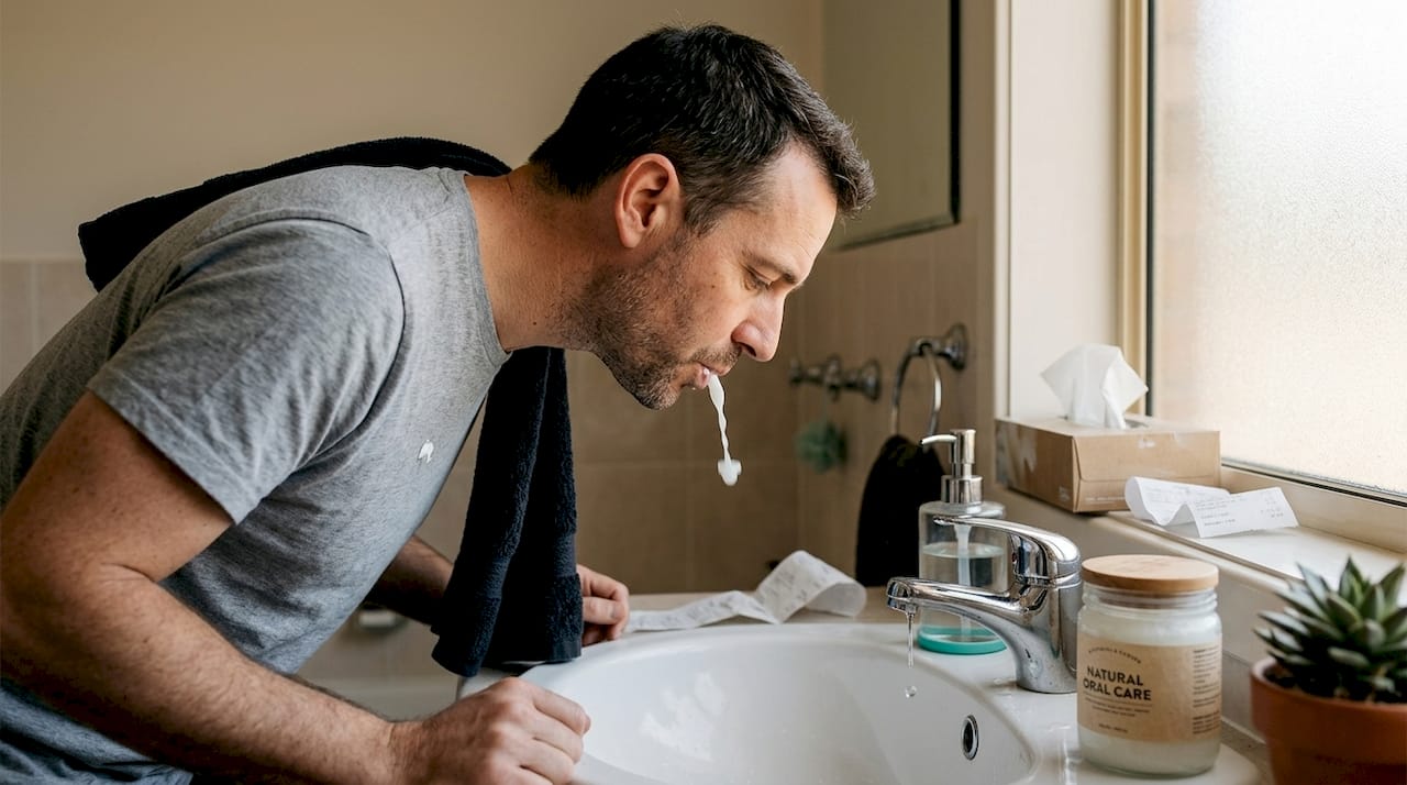 Man spits used coconut oil into sink