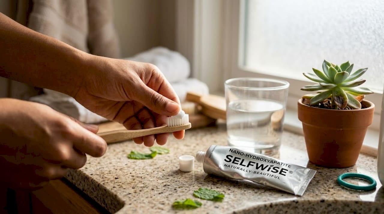 Close-up of nano-hydroxyapatite toothpaste in use