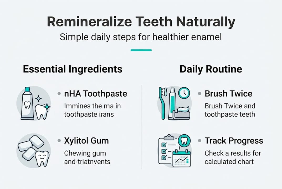 Infographic with key ingredients and routine steps for remineralizing teeth