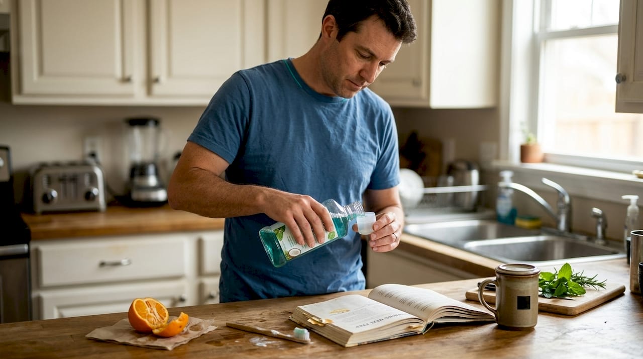 Man prepares mouthwash next to used toothbrush