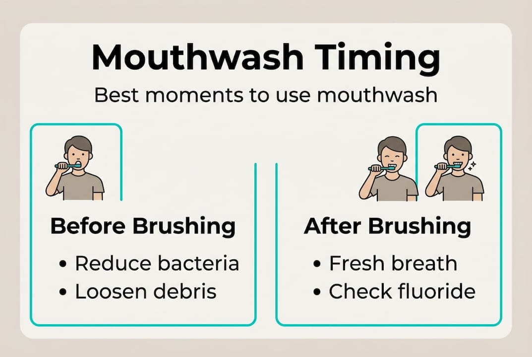 Infographic showing best times to use mouthwash