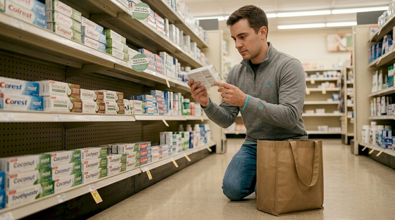 Man reading toothpaste box in pharmacy aisle