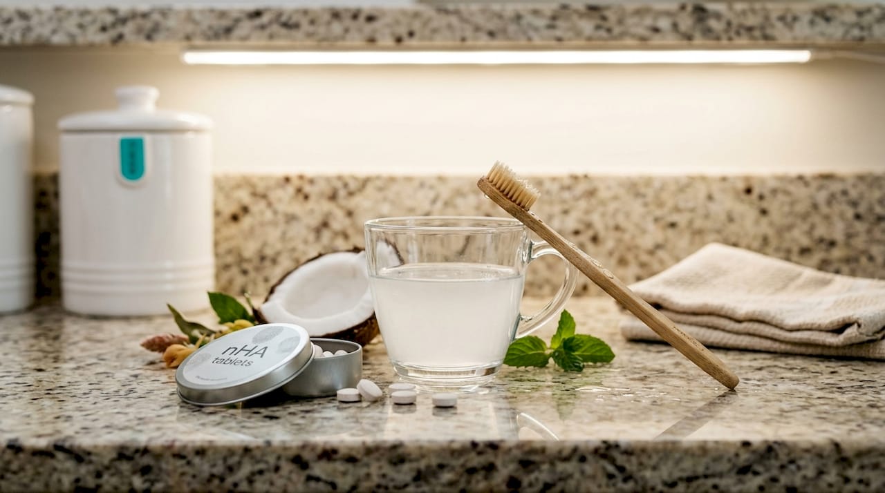 Closeup of nHA tablets and mouthwash on counter