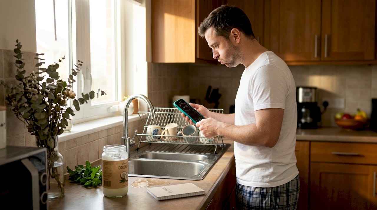 Man oil pulling in bright kitchen routine