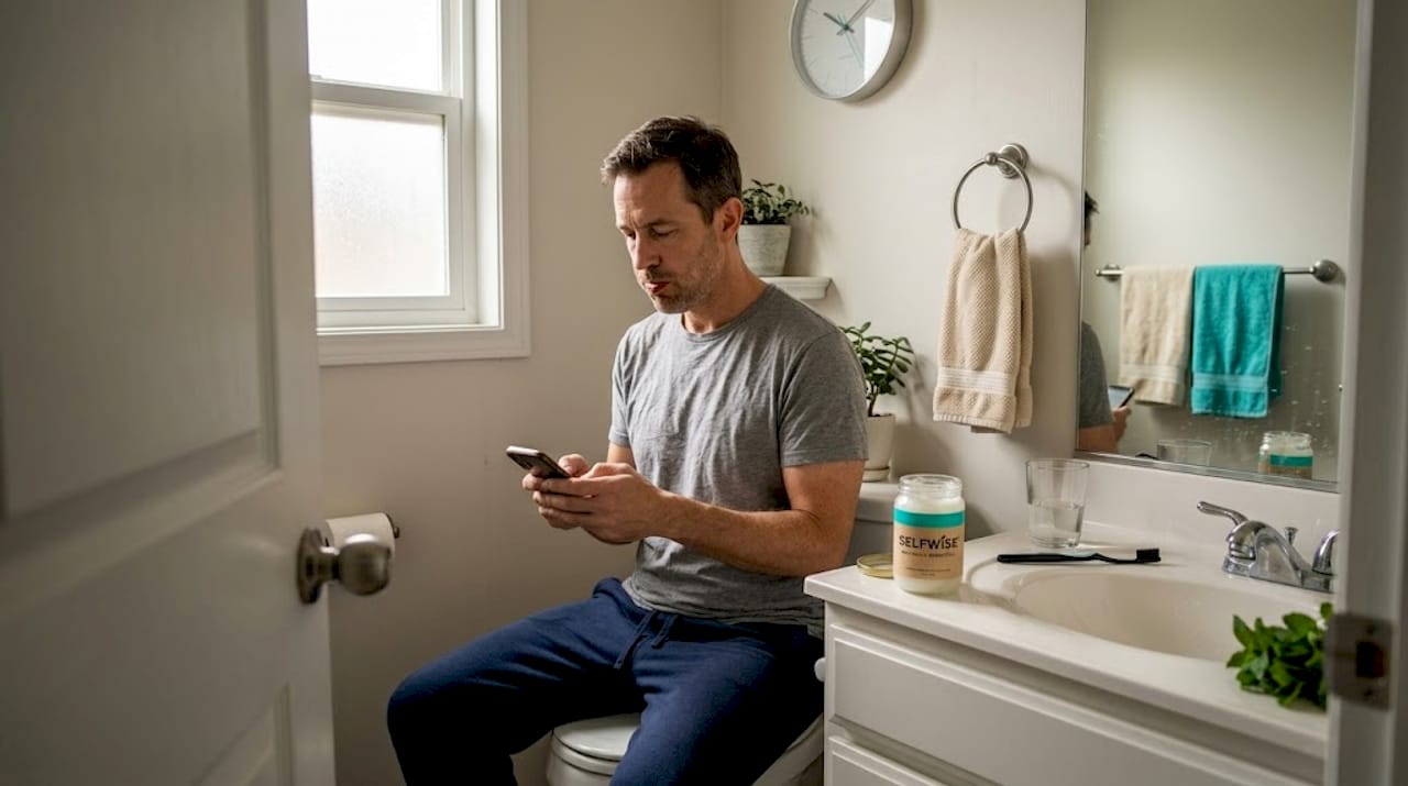 Man using oil pulling in bathroom routine