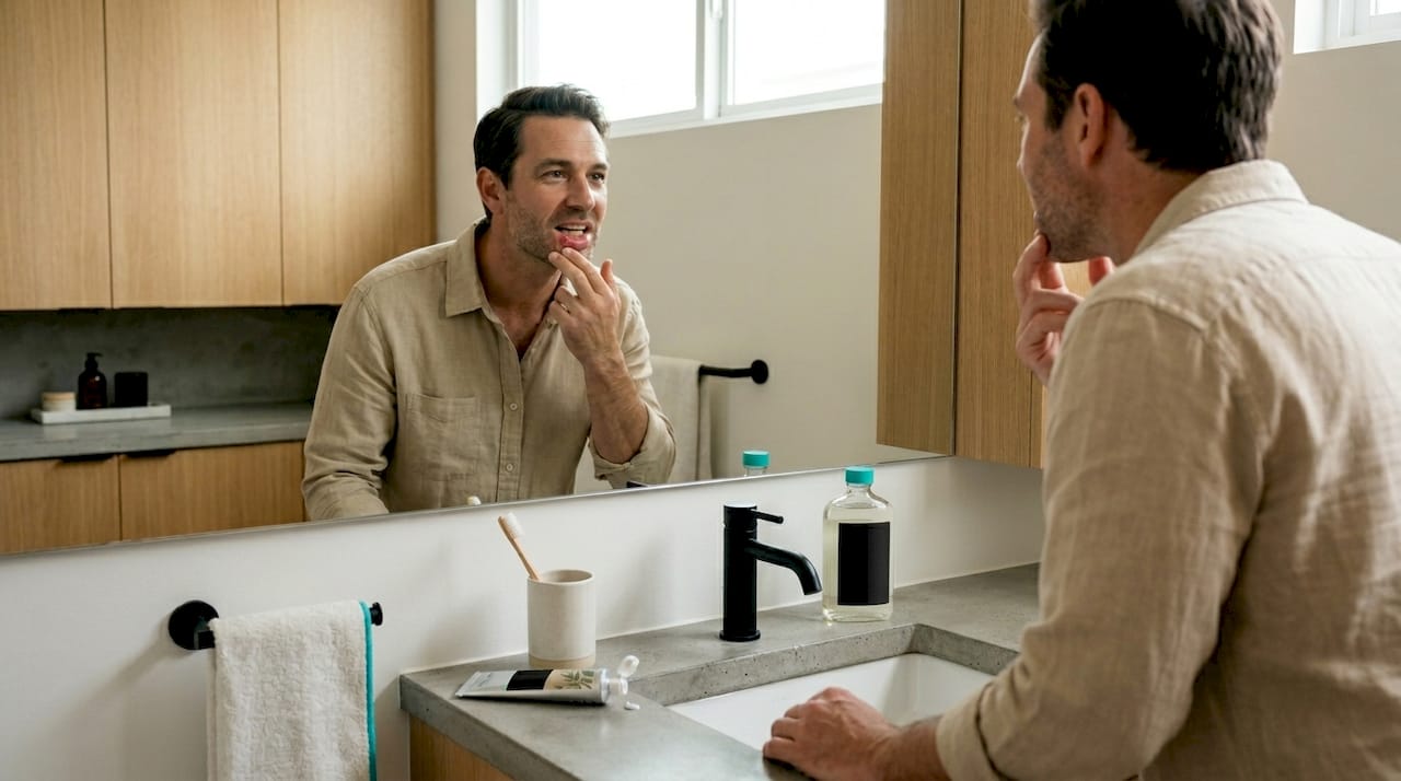 Man checks mouth rash in bathroom mirror