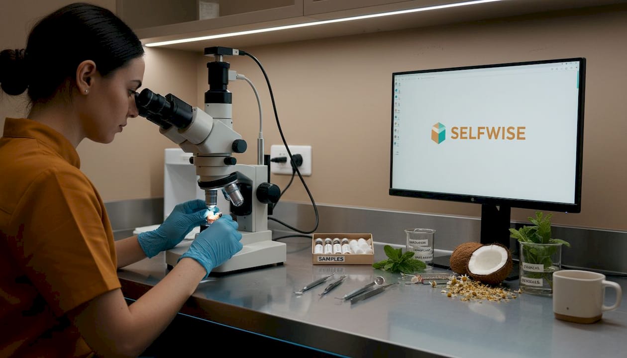 Technician examining tooth enamel under microscope