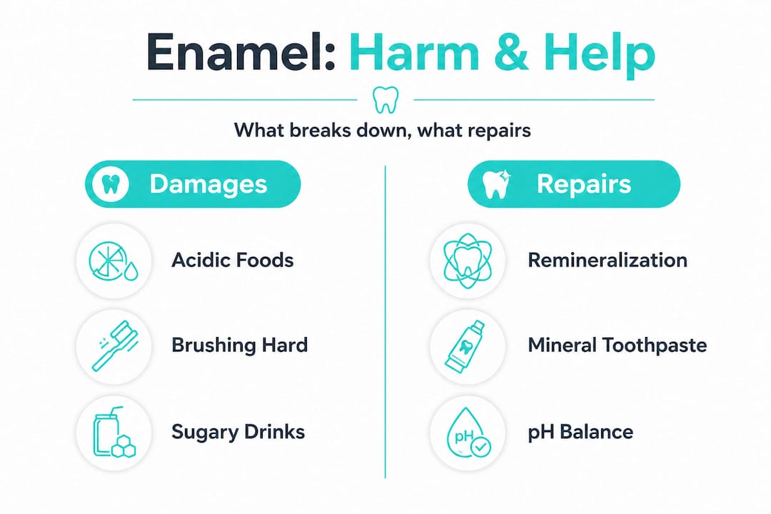 Infographic comparing enamel harms and repairs