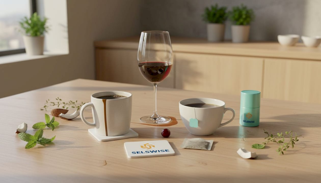 Coffee, wine, and tea on stained kitchen table