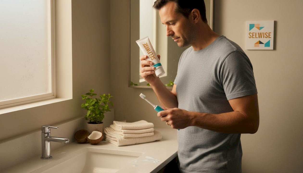 Man brushing teeth with hydroxyapatite toothpaste