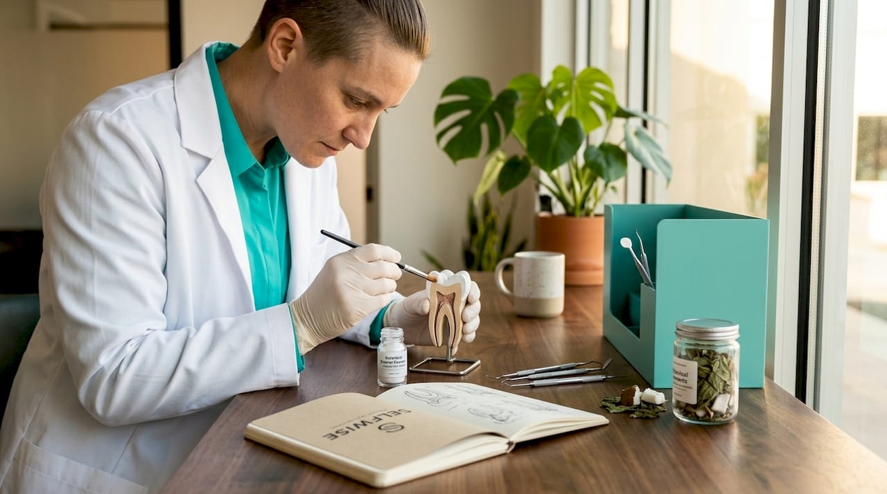 Technician examining cross-section tooth model