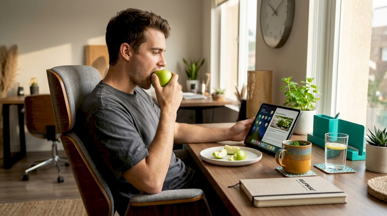 Man eats apple for natural teeth cleaning