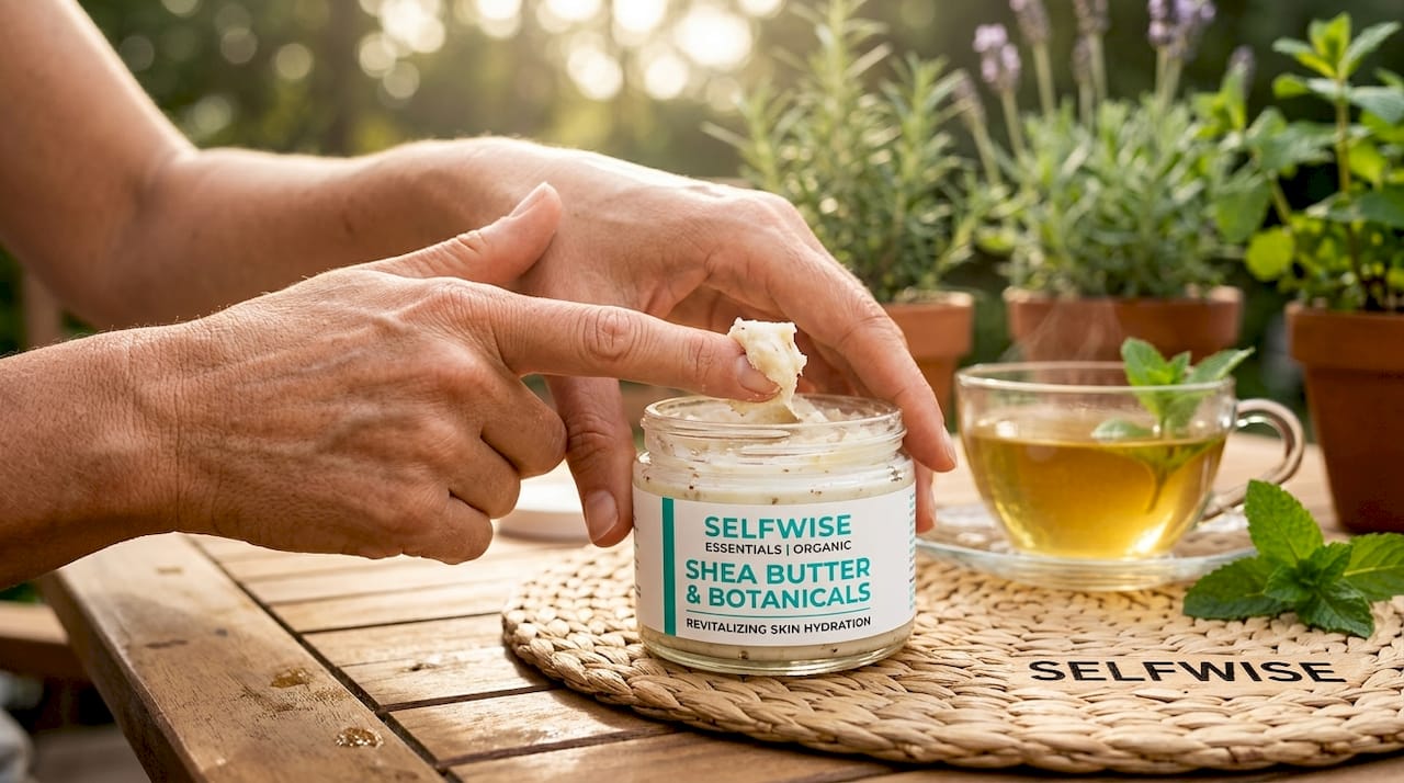Hands scooping shea butter from jar