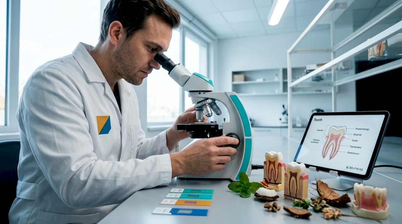 Technician examines enamel sample in dental lab