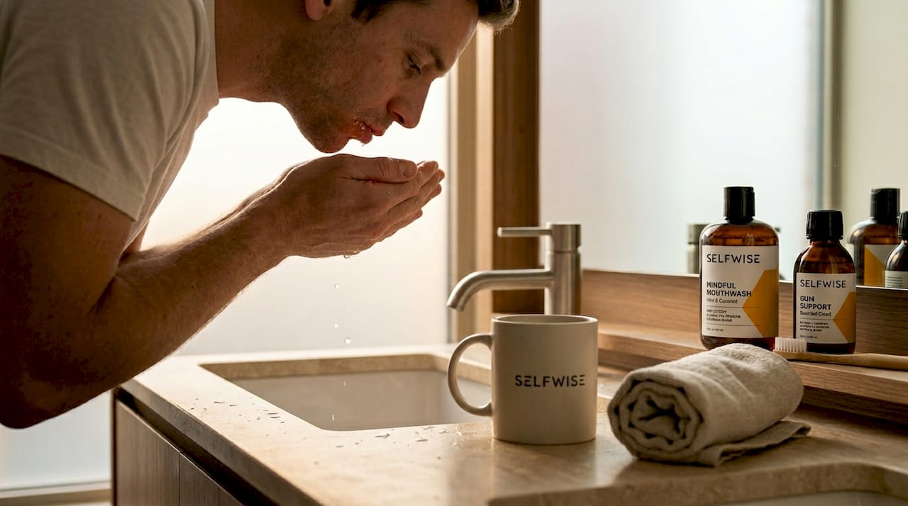 Man rinsing mouth highlighting sensitive skin
