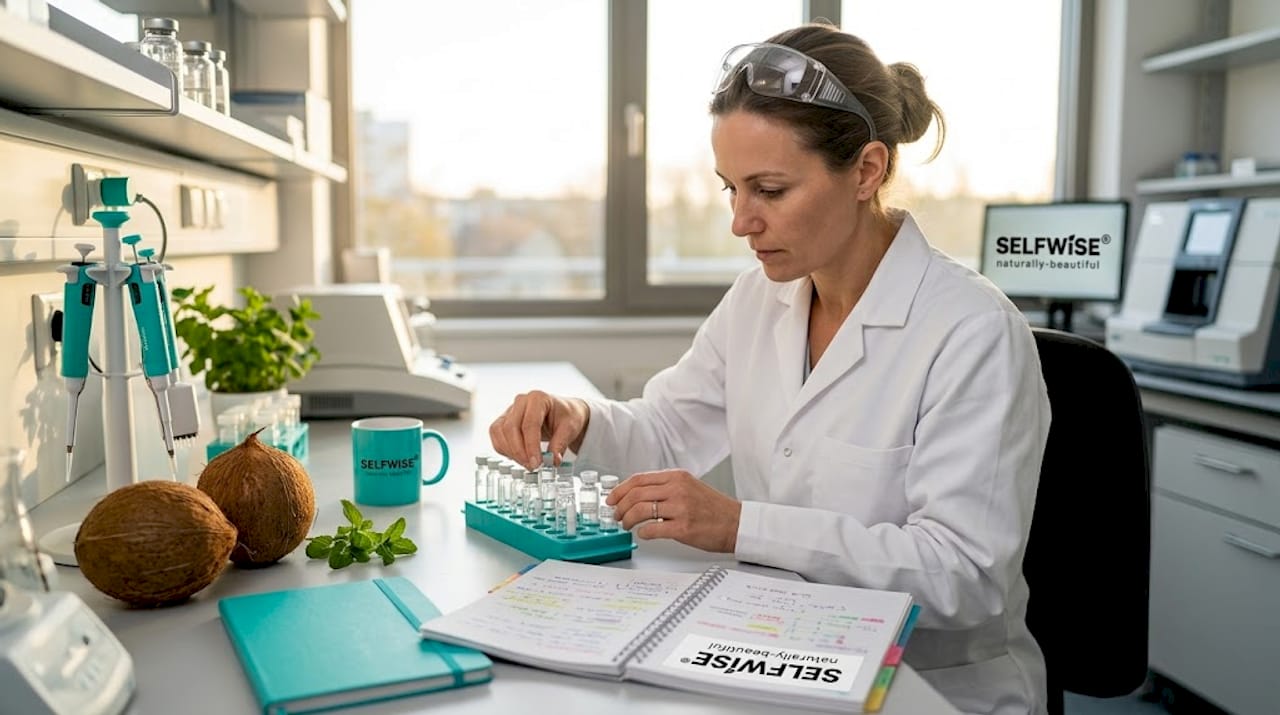 Scientist sorting peptide vials at lab bench