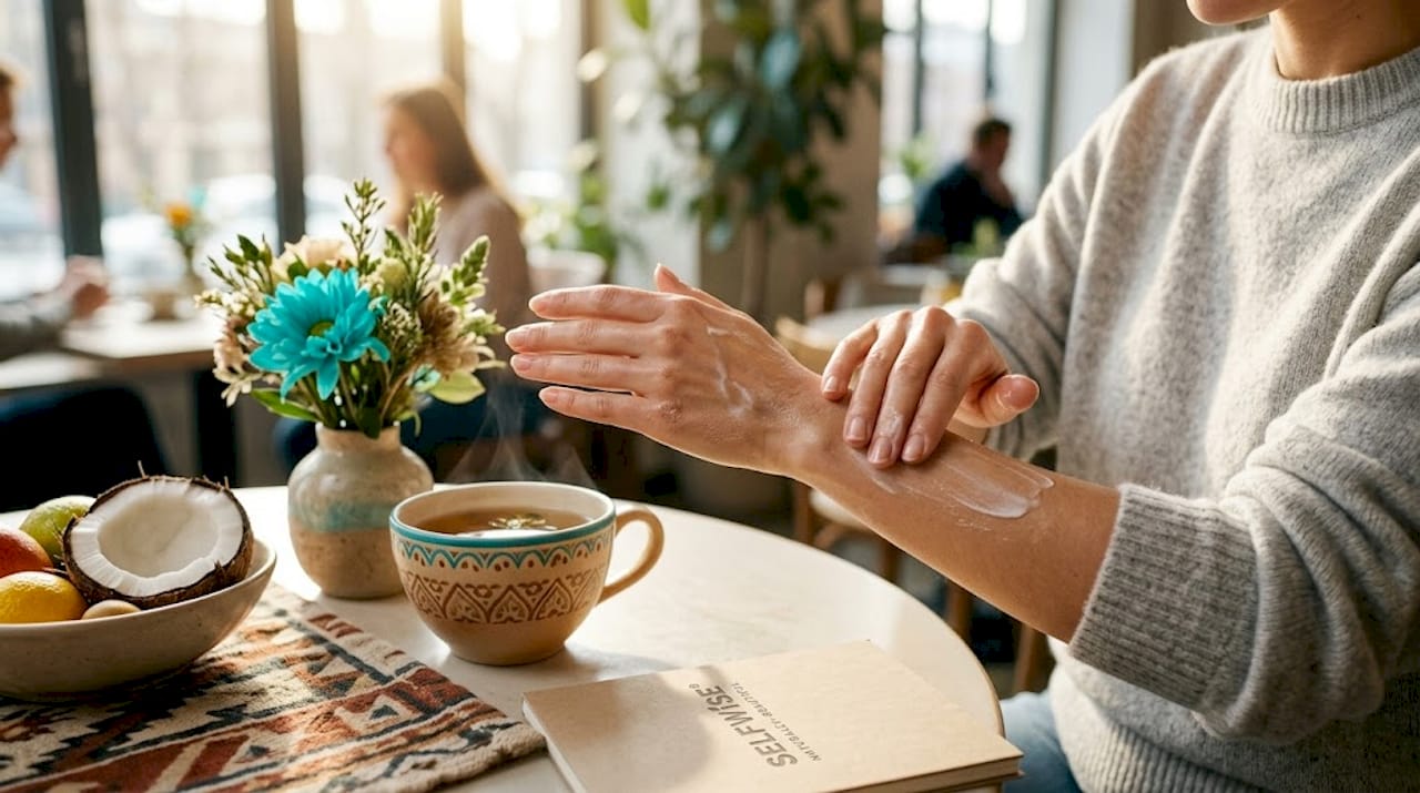 Hands rubbing lotion into forearm at kitchen table