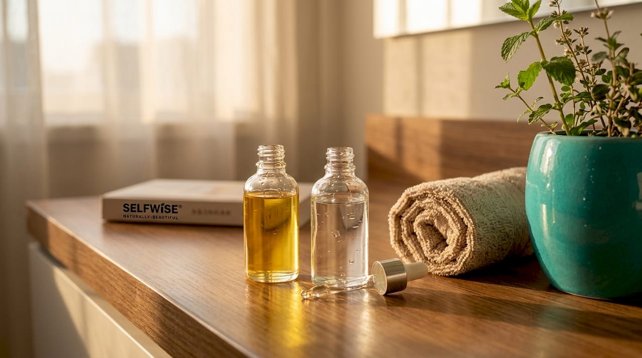 Squalane and jojoba oils on countertop