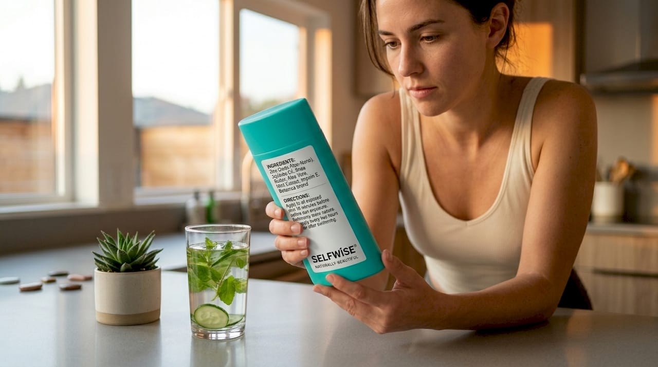 Man reads sunscreen label in kitchen