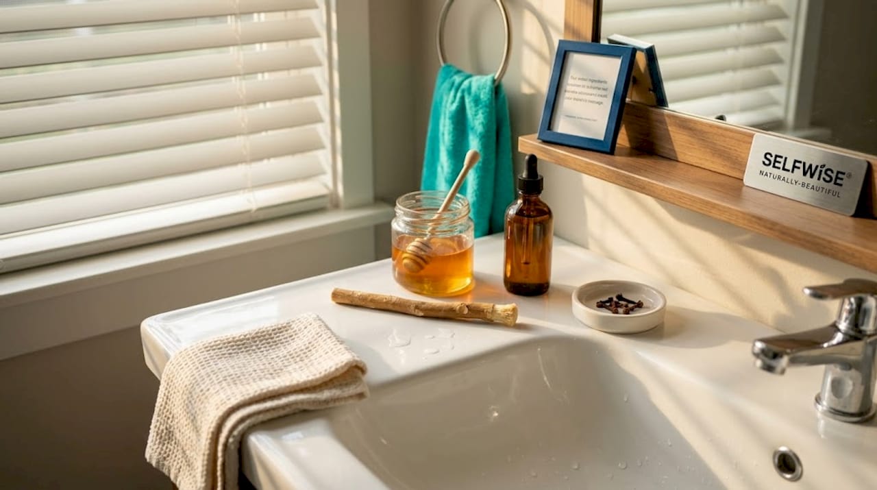 Clove oil, miswak, and honey by bathroom sink